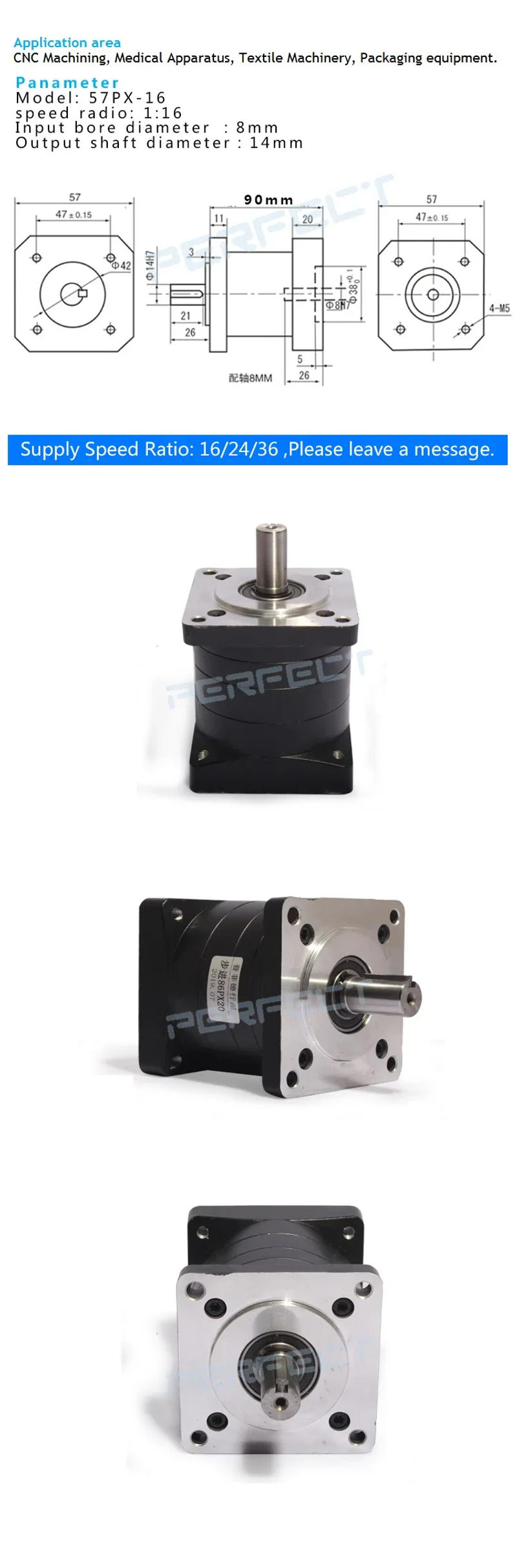 Description Picture 2 of itemInput Speed High Precision Planetary Gearbox Ratio 1:16 Planetary Reducer for NEMA23 57mm Servo/Stepper Motor 57PX-16
