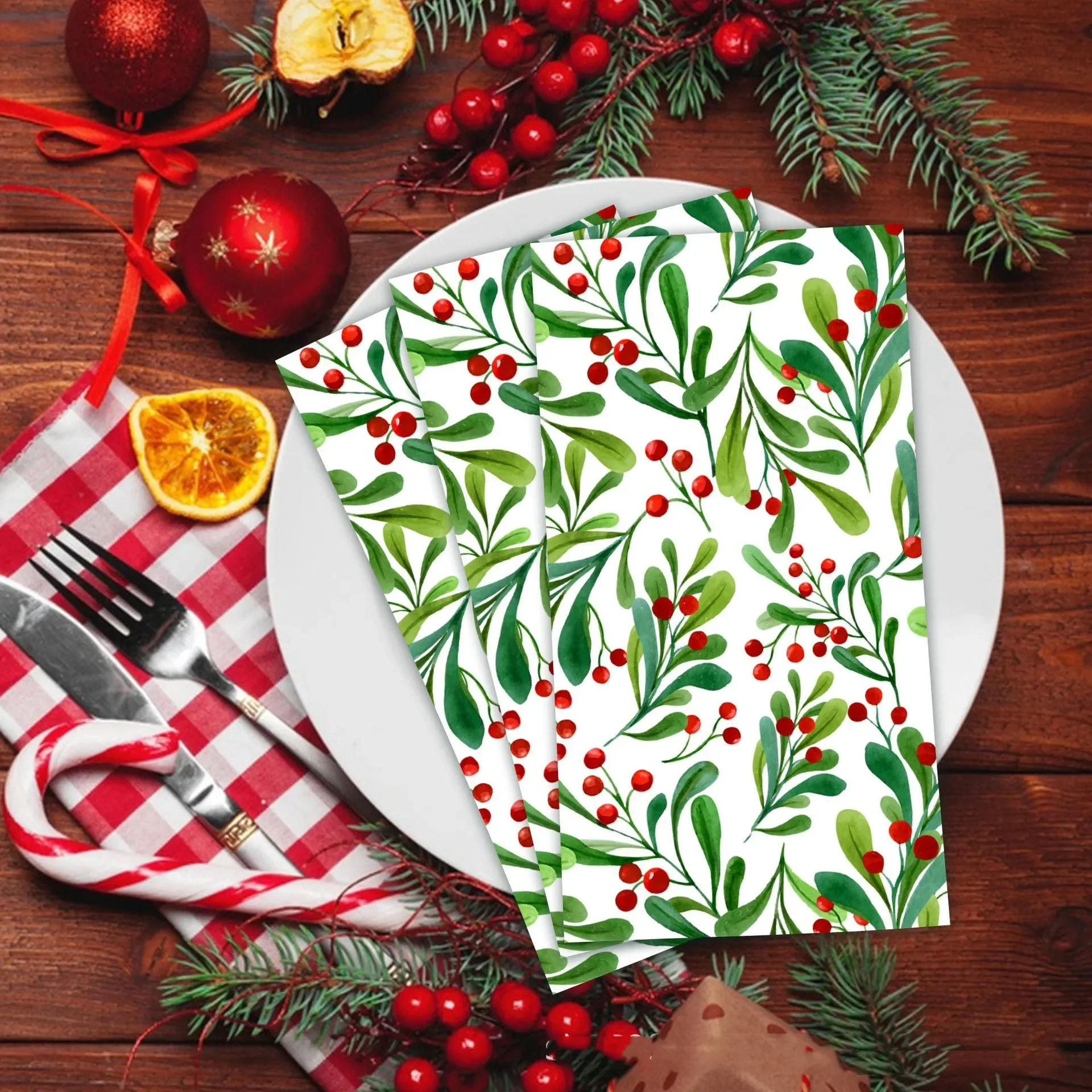Description Picture 5 of item100PCS Christmas Paper Napkins 33*40CM Holly Berry with Leaves Disposable Dinner Hand Towels for 2025 Xmas Dining Table Decor