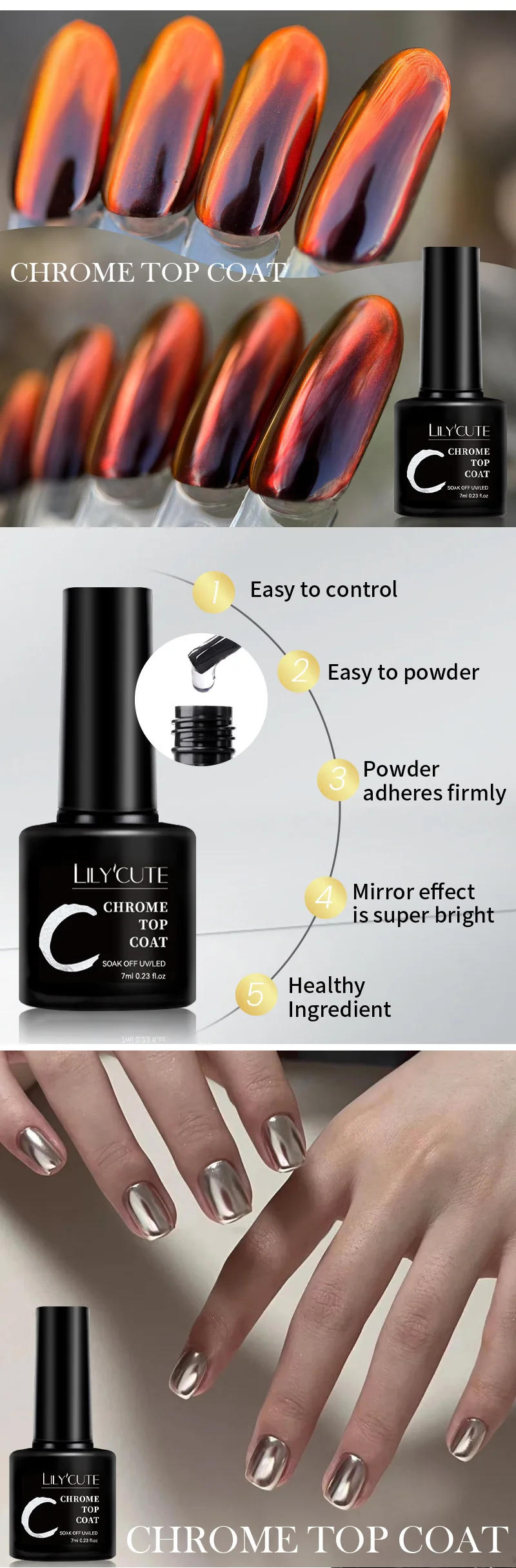 Description Picture 3 of itemLILYCUTE 7ml Chrome Top Coat Function Gel Nail Polish Semi-permanent Soak off Reinforcement Base Gel For Nails Tools Gel Varnish