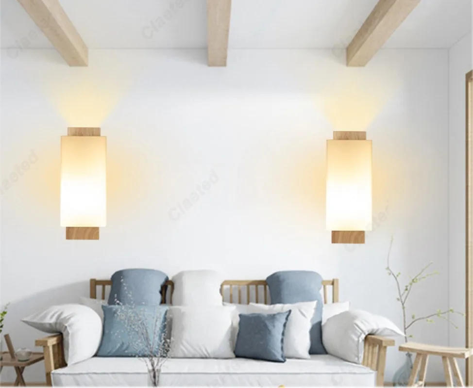 Description Picture 2 of itemCreative LED Wooden Wall Lamp E27 Glass Lampshade Bedroom Bedside Lamp Indoor Living Room Corridor Balcony Decorative Wall Lamp