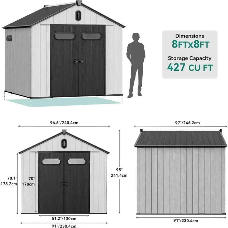 Description Picture 3 of itemOutdoor Resin Storage Shed with Floor, Lockable Door, Windows & Vents, Plastic Tool Storage, Lawn Mower, and Bike Storage 8x8 Ft