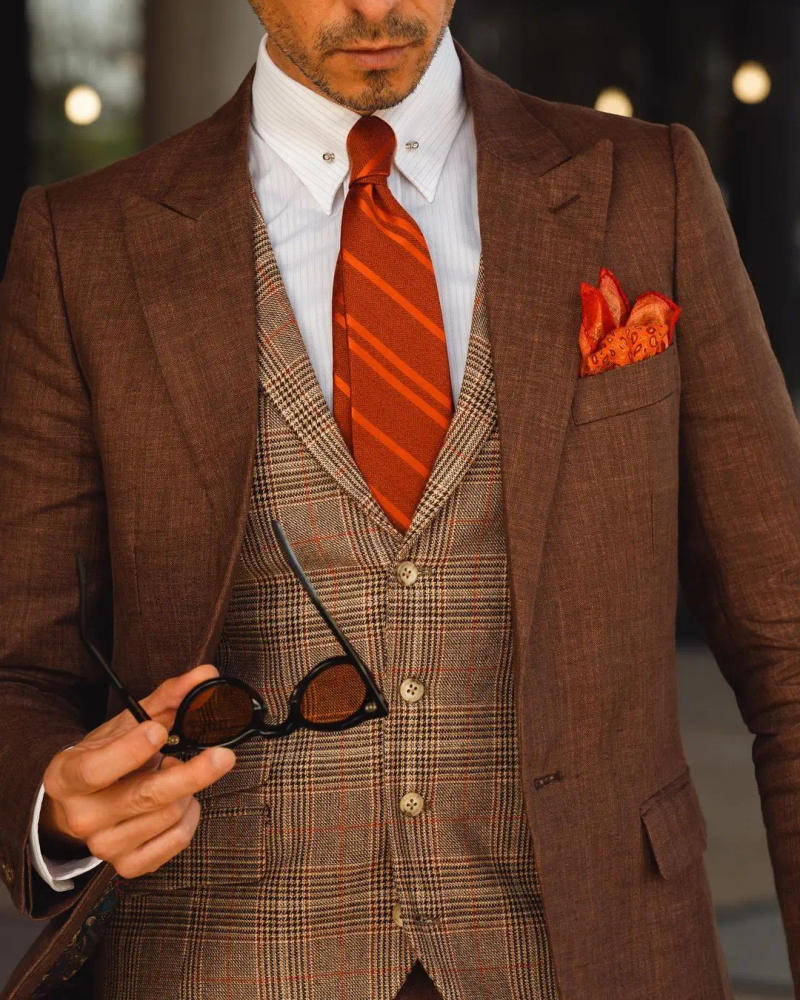 Description Picture 5 of itemBrown Men Suit Tailor-Made 3 Pieces Blazer Plaid Vest Pants Tuxedo One Button Business Work Fashion Wedding Groom Prom Tailored