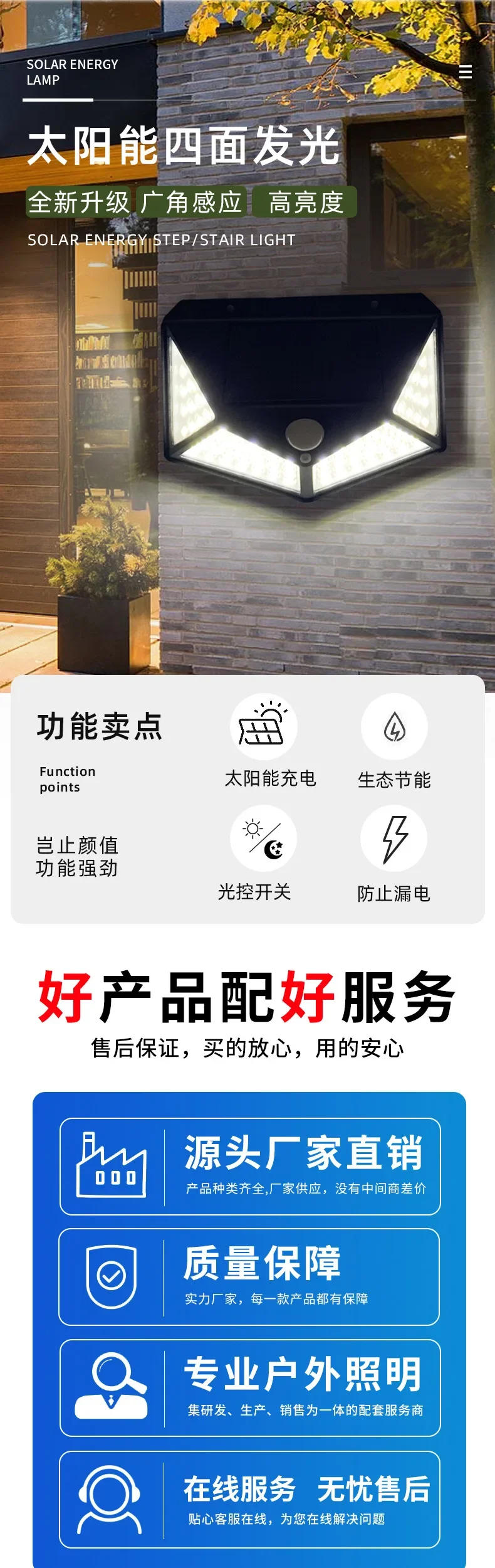 Description Picture 2 of itemHot Selling Four Sided Wall Lamp 100LED Solar Body Sensing Floodlight Wall Lamp Outdoor Courtyard Waterproof Stair Street Lamp