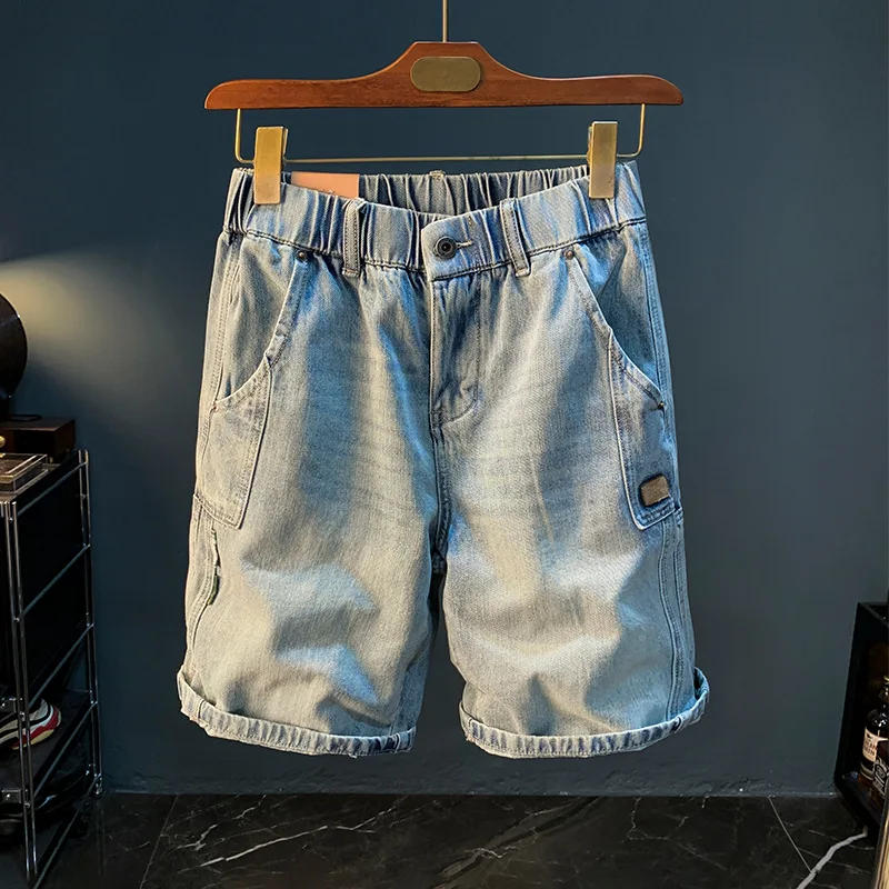Description Picture 6 of itemSummer casual denim shorts men2024summer light blue straight loose elastic waist elastic capri pants