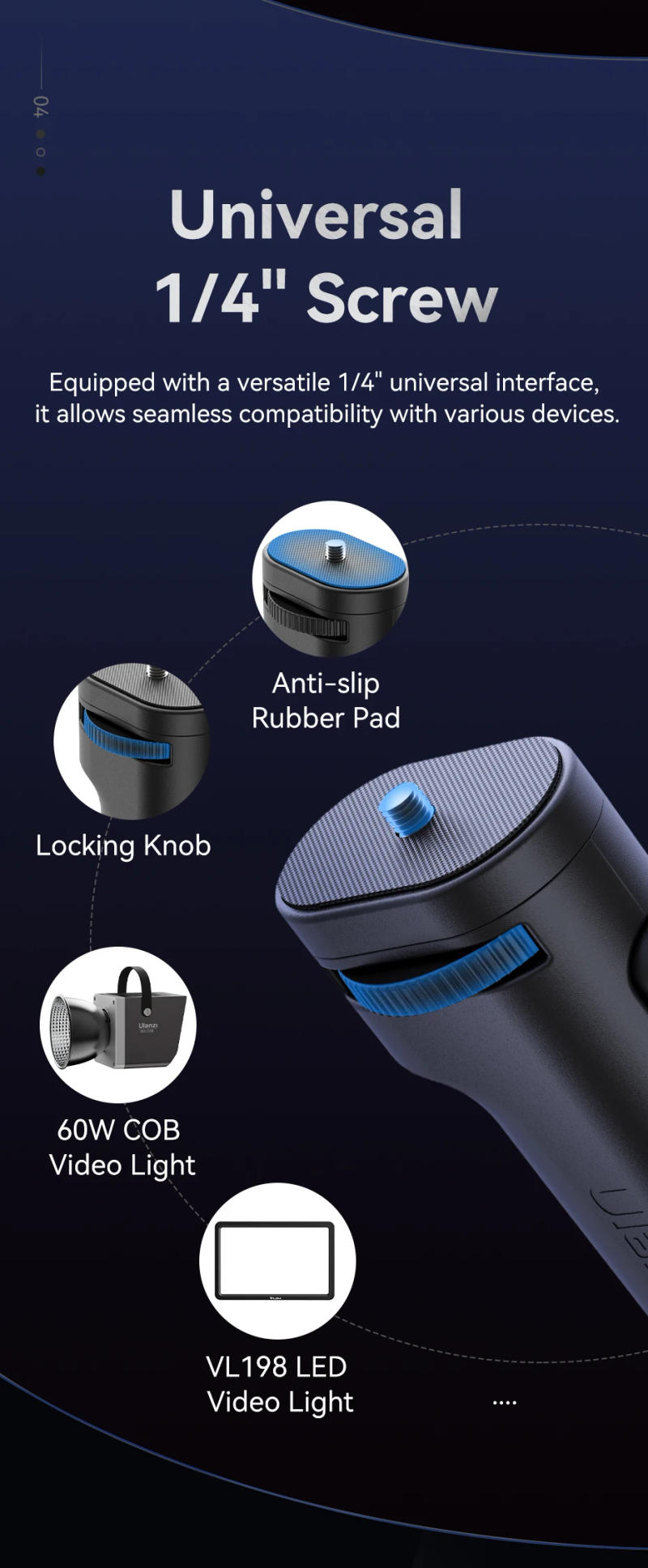 Description Picture 5 of item​Ulanzi LA03 Light Stand Handle Grip for Ulanzi LT005 60W COB Video Light and VL198 Video Light with Standard 1/4'' Screw