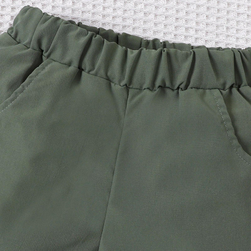 Description Picture 6 of item2-piece set of fashionable and casual solid color splicing short sleeved shirt top and shorts for baby boys, summer