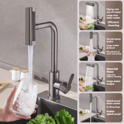 4 in 1 304 Stainless Steel Pull-out Kitchen Faucet Waterfall Hot And Cold Mixed Water Sink Tap Multi-function Rinse Rotate 360°