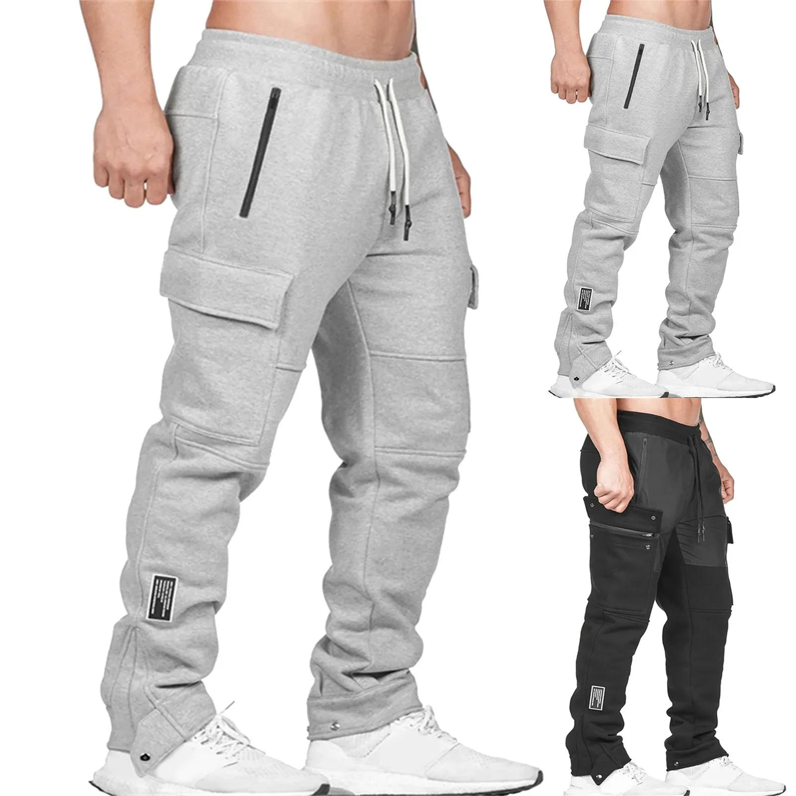 Description Picture 2 of itemMens Solid Color Big Drawstring Overalls Casual Pocket Sports Work Casual Cotton Joggers Pants Pockets Cargo Pants Gym Running