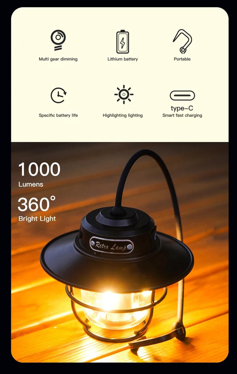 Description Picture 3 of itemLED Camping Light Type-C Rechargeable Stepless Dimmable Waterproof Camping Lantern Outdoor Tent Lighting Emergency Camping Lamp