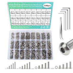 M2M3M4M5 304 Stainless Steel Round Headed Socket Head Bolts Assortment Kit,Bolts Flat Washers Nuts Set With Hex Wrenches