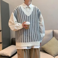 Men's Autumn New Style V-neck Sweatvest Top Unisex Korean Knit Shoulder Vest Casual Scene Crew Neck Pullover