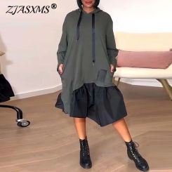 New Contrast Patchwork Hoodie Sweatshirt Dress Women Fall Drawstring Hooded Pullover Dress Winter Long Sleeve Pocket Party Dress