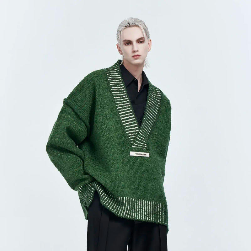 Description Picture 5 of itemAmerican Contrasting Color Splicing Niche V-neck Sweater Men's Vintage Knitted Loose Casual High Street Pullovers Male Clothes