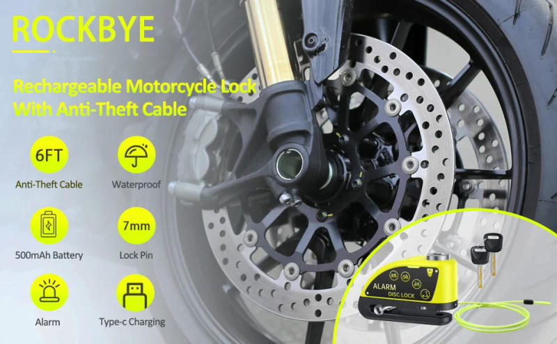 Description Picture 2 of itemRockbye Bicycle Disc Lock Rechargeable 120dB Bike Alarm Lock Waterproof With 1.5/1.8M Cable Motorcycle Anti-Theft Alarm System