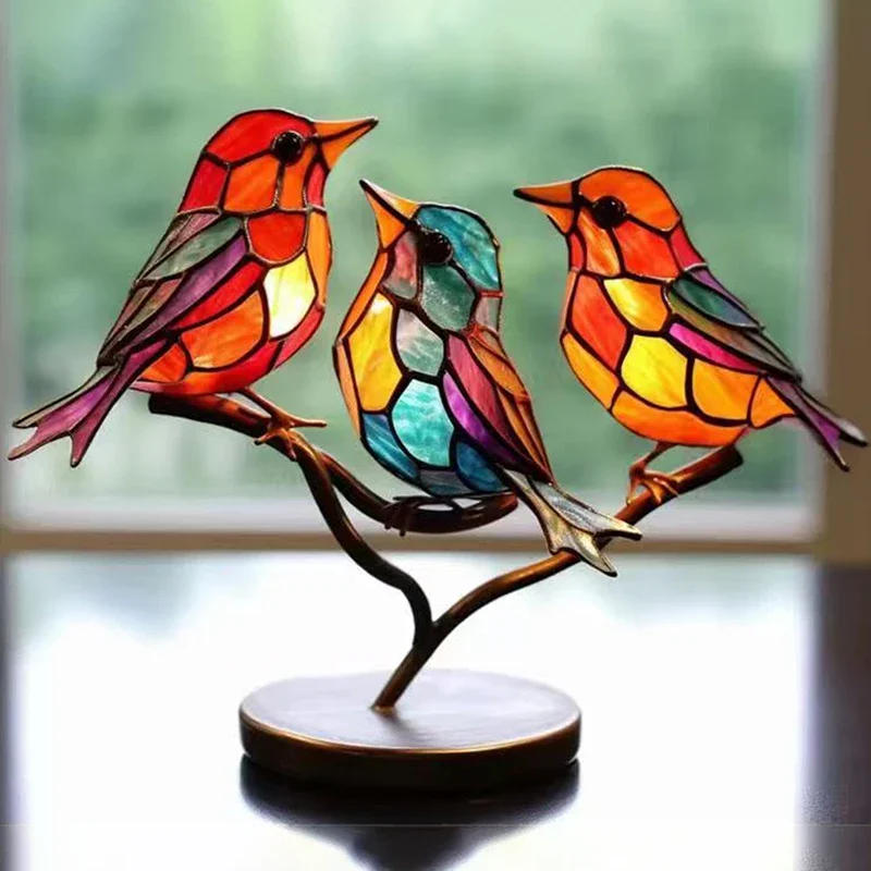 Description Picture 4 of item2/3/5 Multicolor Birds Stained Acrylic Birds on Branch Desktop Ornaments Double Sided Multicolor Style Craft Statue Ornaments