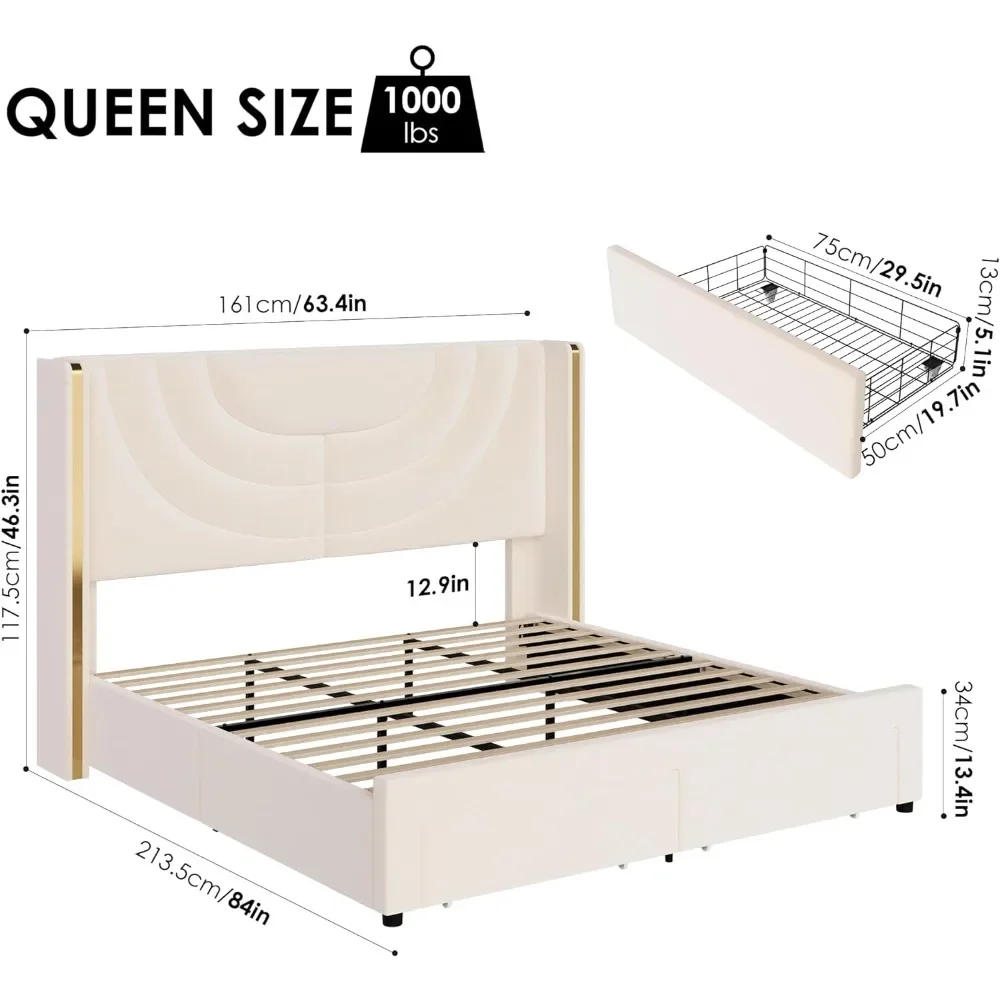Description Picture 3 of itemQueen Bed Frame, with 2 Storage Drawers Solid Wooden, Solid Wooden Slats Support, No Box Spring Needed, LED Queen Bed Frame