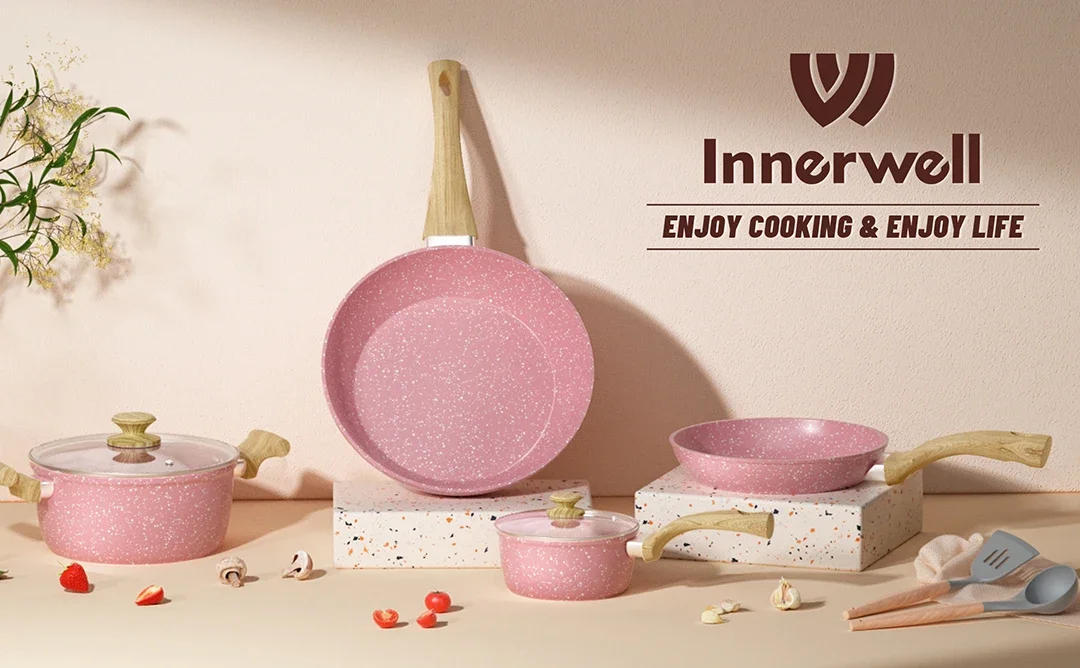 Description Picture 2 of itemInnerwell Kitchen Frying Pan Stockpot Milk Pot 8Pcs/Sets with Lid Nonstick Toxin Free Cookware Egg Skillets Suitable All Stoves