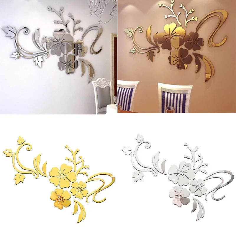 Description Picture 3 of item3D Acrylic Flower Mirror Wall Stickers Decorative Self Adhesive Large Wall Stickers Art Murals for Bedroom TV Background Decor