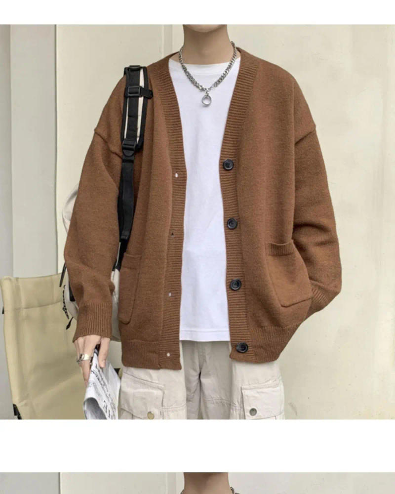 Description Picture 5 of itemJapanese Retro Solid V-neck Cardigan Sweaters Winter Loose Casual High Street Sweater Men Tops Overcoat Male Clothes