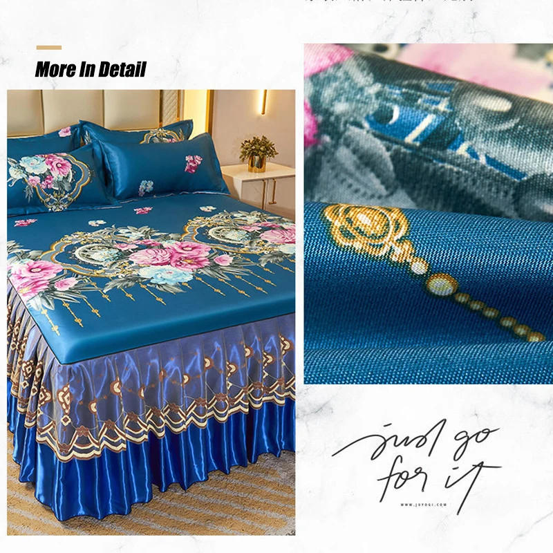 Description Picture 2 of item2/3 Pcs Bedding Classic Lace Royal Blue Bedspread Bed Skirt Machine Washable with Elastic Band for Queen King Size Sheets Bed