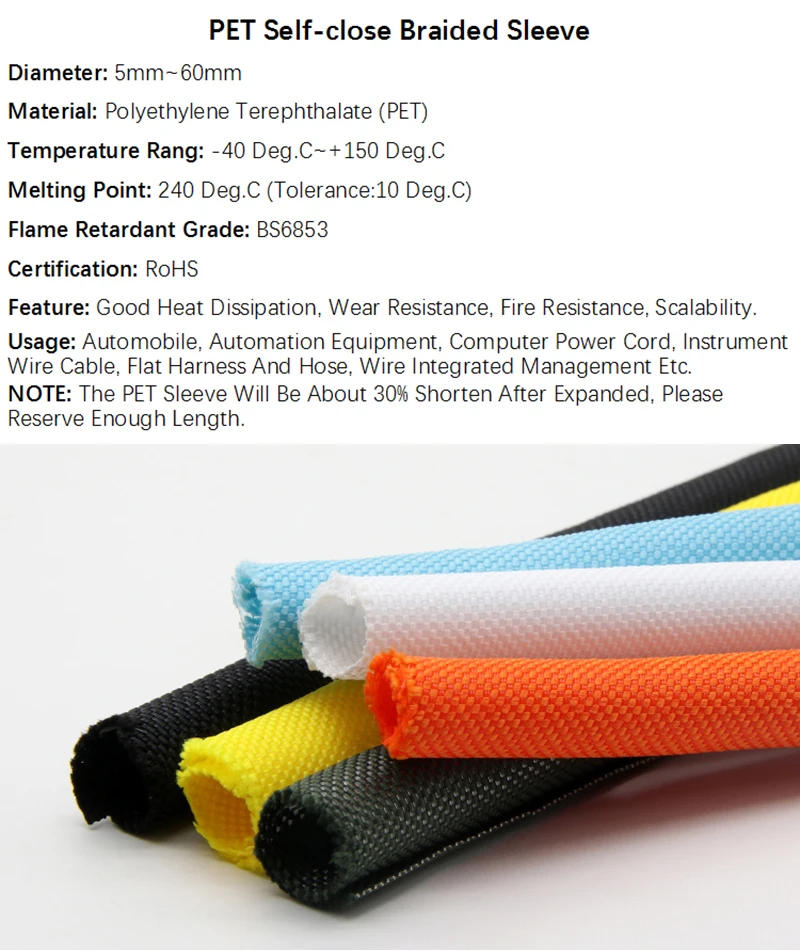 Description Picture 2 of item1/5M PET Self Closing Expandable Braided Sleeve Dia 5 8 10 13 16 19 25 30 mm Cable Protector Harness Nylon Wire Wrap
