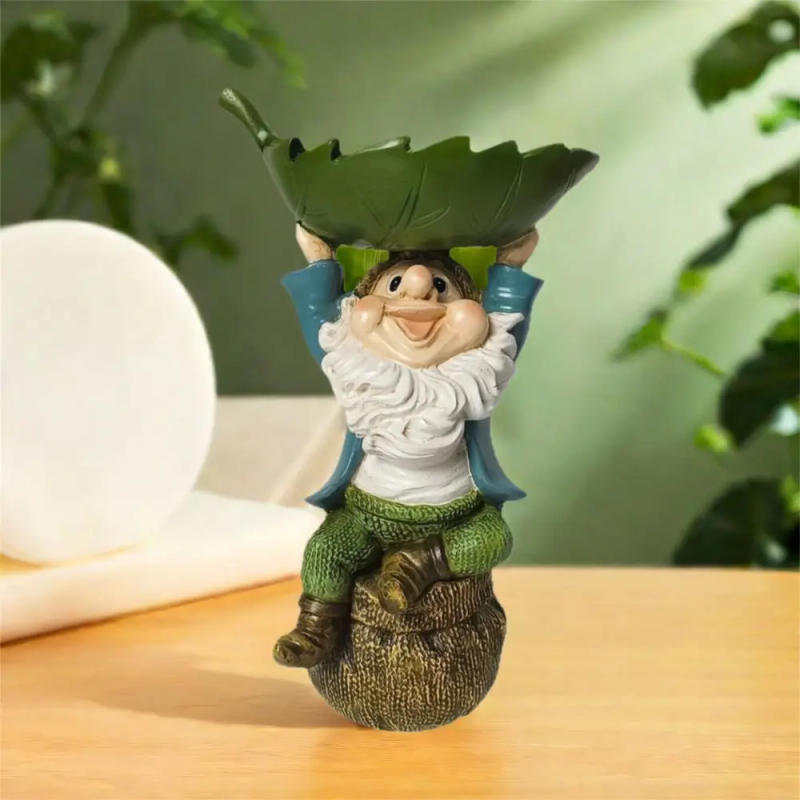 Description Picture 3 of itemUnique Cartoon Dwarf Sculpture Resin Holding Leaves Garden Gnome Statue Fun Bird Bath Lawn