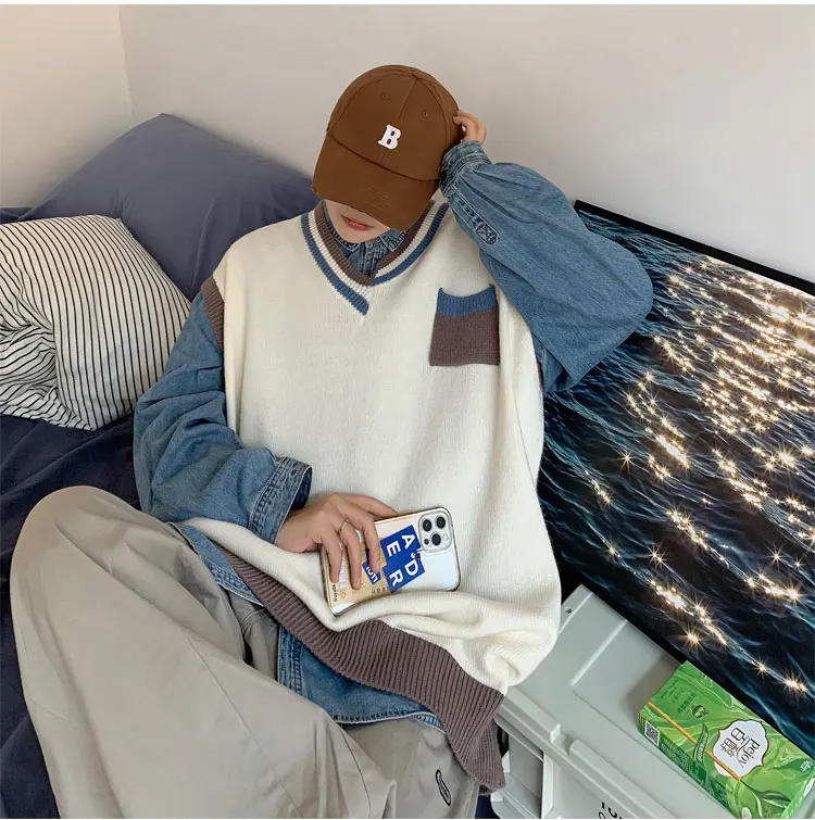 Description Picture 4 of itemSweater Vest Men Spring V-neck Japanese Vintage Contrast College Knitted Fashion Loose All-match Sleeveless Clothing V42