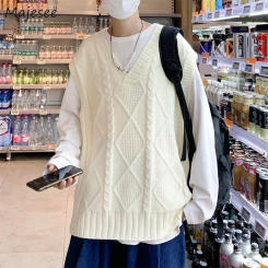 V-neck Sweater Vests Men Pleated Baggy Sleeveless Casual Tops Couples Knitted Sweaters Ins Autumn Loose All-match Solid Color