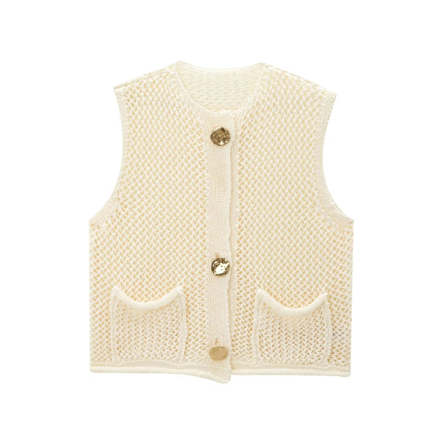 Description Picture 4 of itemWomens Crochet Chunky Knit Sweater Vest Casual Sleeveless Button Down Vest Tops Cropped Cardigan Sweaters with Pockets Free Size