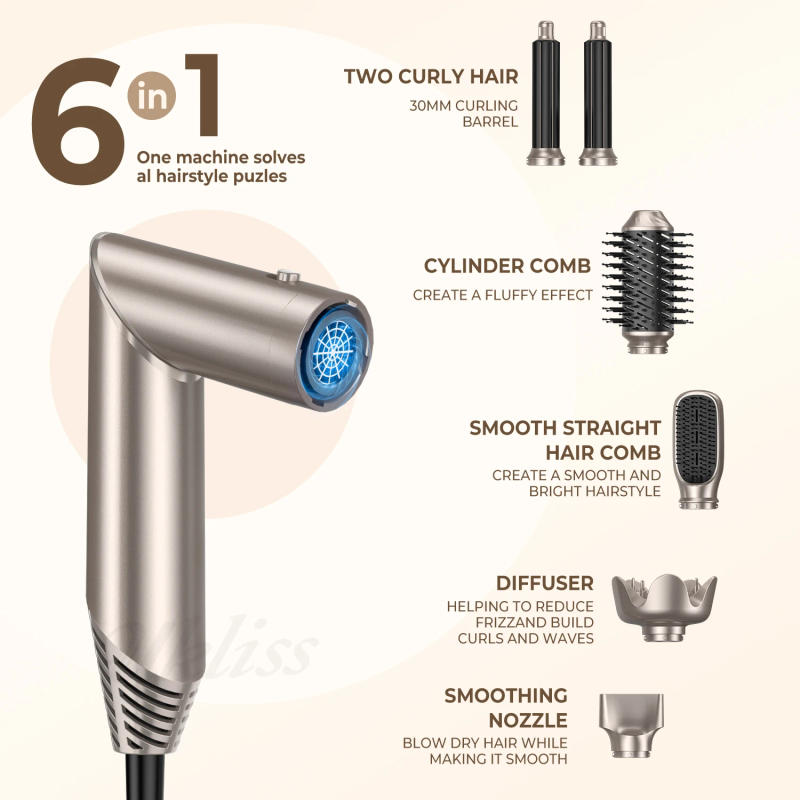 Description Picture 3 of item6 in 1 Hair Dryer Brush Negative Ions Hair Blower Brush Salon Blow Dryer Air Curler Wand Ceramic Curling Iron Styler Folding