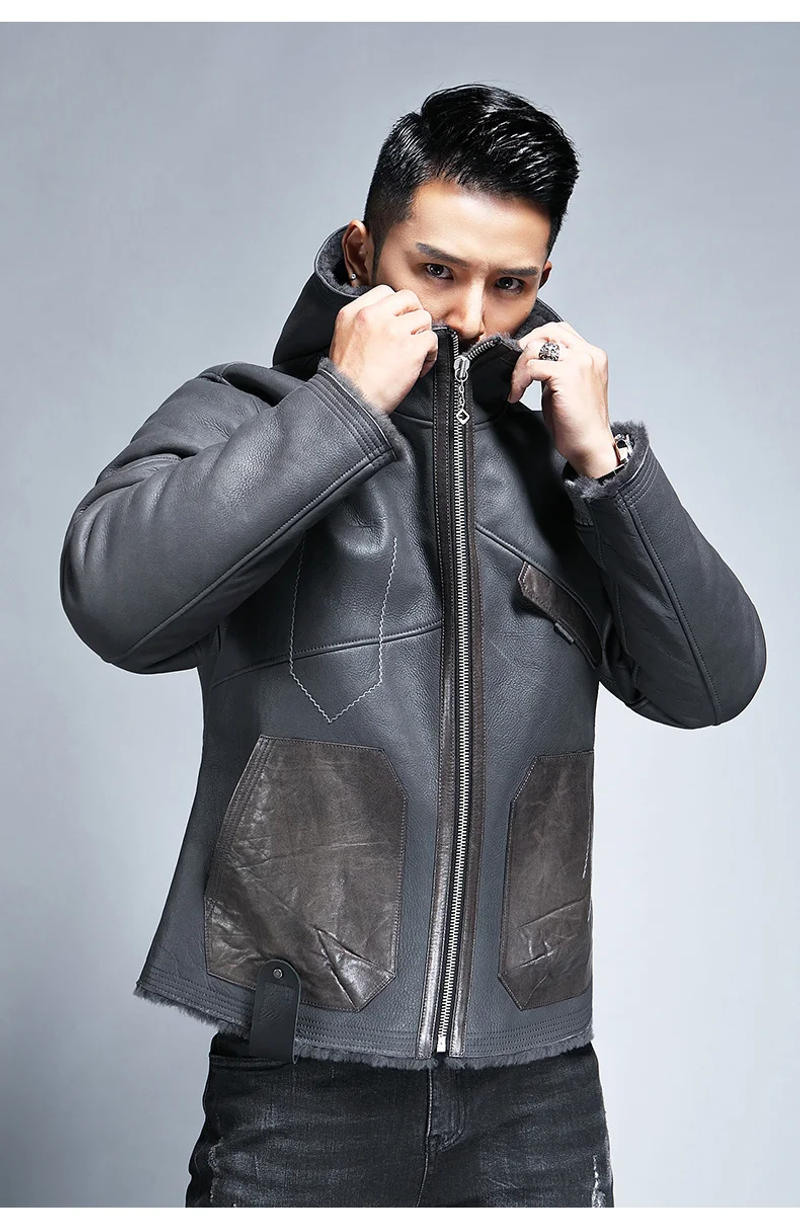 Description Picture 5 of itemNew Arrival Hooded Color Contrast Genuine Leather Jacket Men Winter Casual Loose Real Sheepskin Fur Coat Warm Outdoor Overcoat