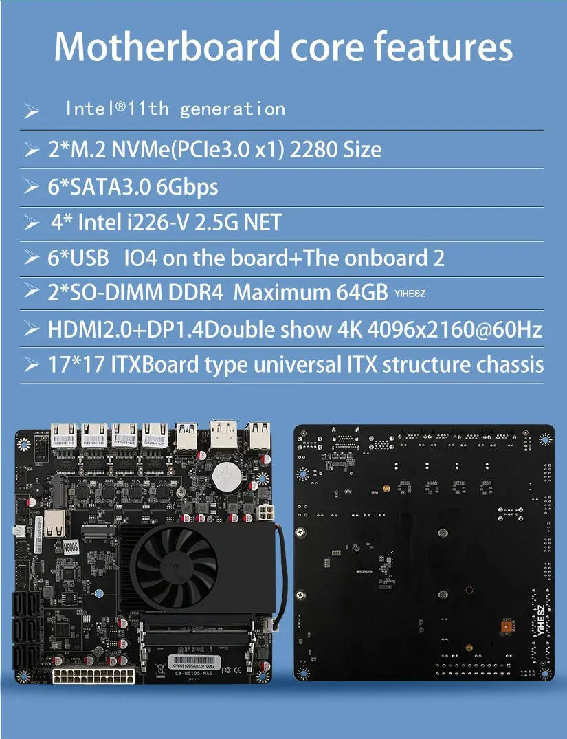 Description Picture 4 of itemN6005 NAS Board Industrial Motherboard NAS Motherboards 4 Cores 4 Threads Processor 4x2.5G i226 Network 2 M.2 NVMe Slot 6xSATA