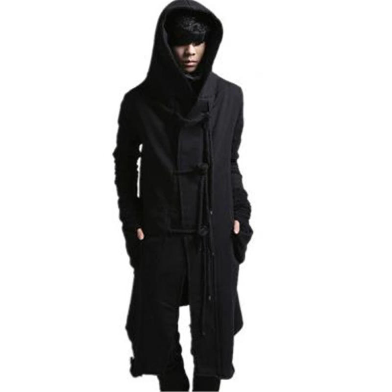 Description Picture 5 of itemAutumn Winter Men Punk Hip Hop Slim Fit Long Trench Coat Hooded Cloak Cardigan Mens Linen Rope Design Gothic Jackets Outerwear