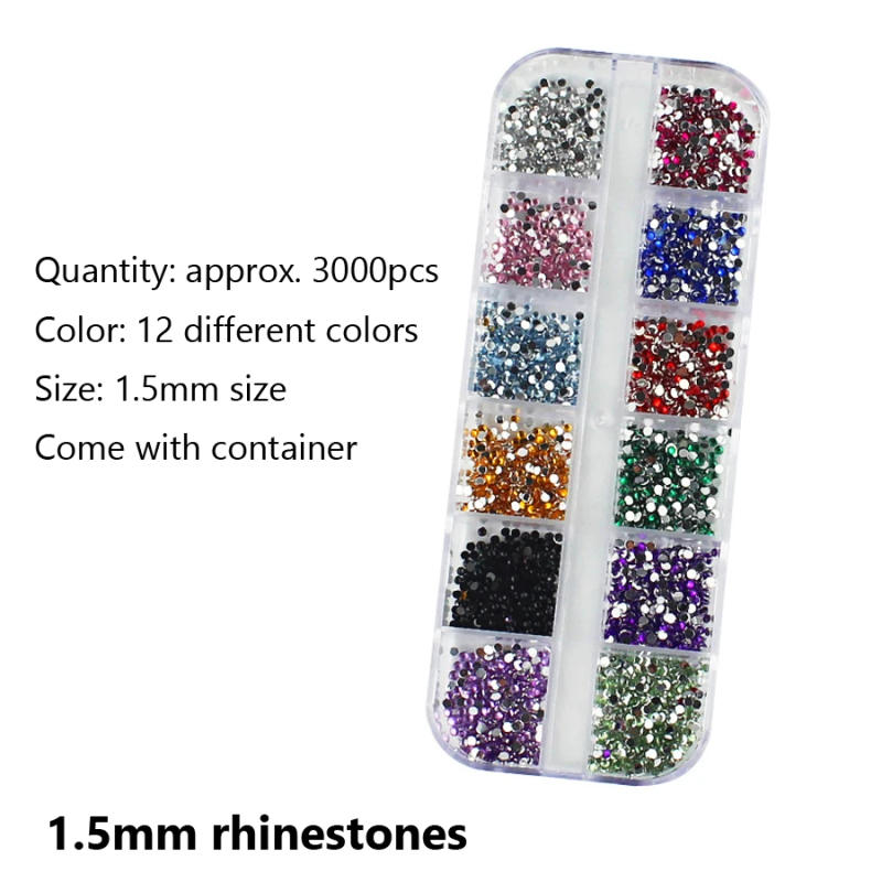Description Picture 4 of item3000Pcs 1.5mm Rhinestones Nail Crystal Round Colorful Glitters With Case for DIY Nail Art Decorations