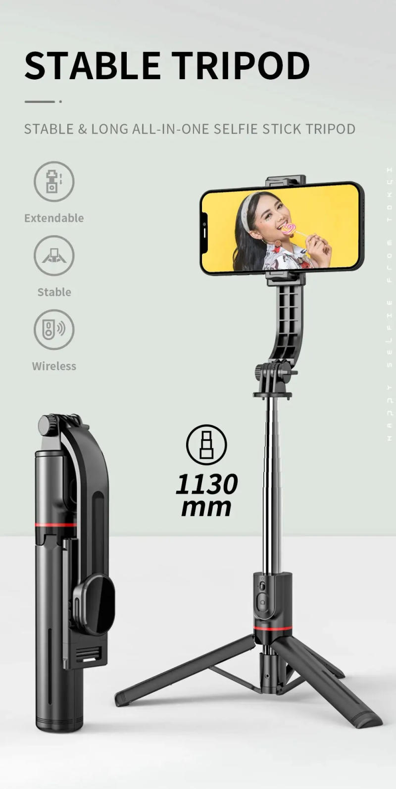 Description Picture 2 of itemWireless Selfie Stick for Smartphone, 44 Inch Tripod with Bluetooth Remote, Portables Foldable Stand for Vlog Shooting Record