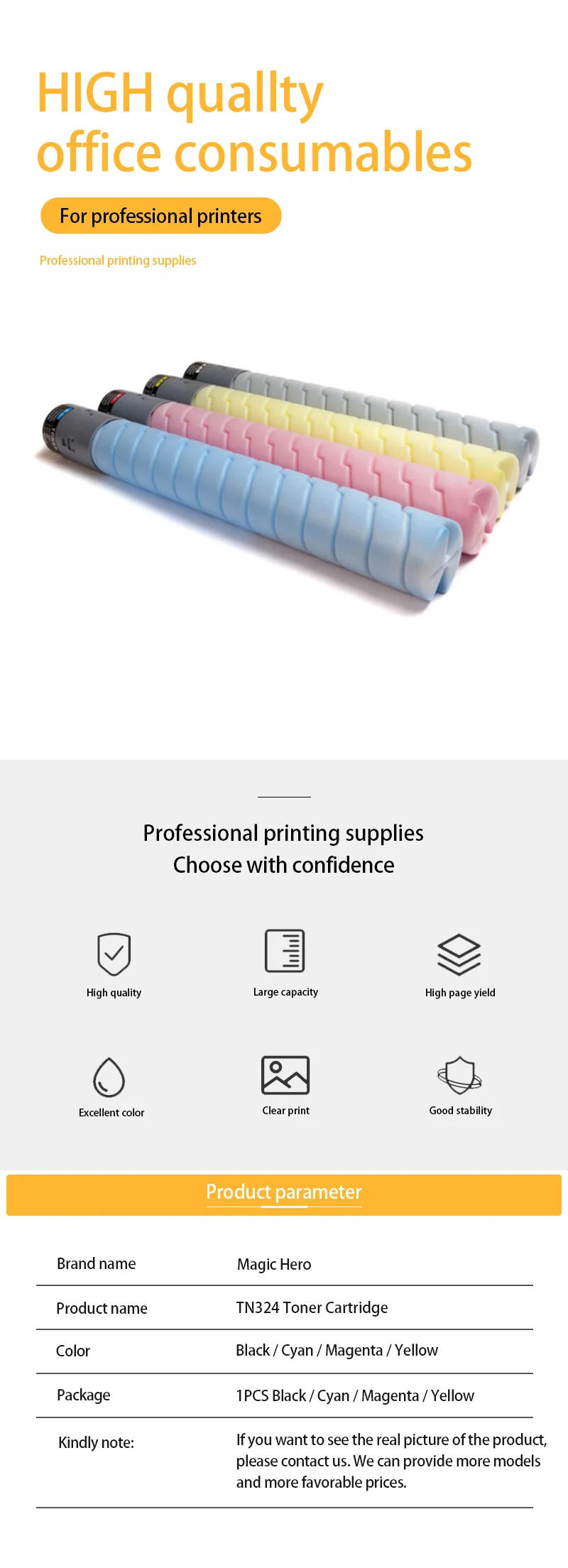 Description Picture 2 of item4Color TN324 TN-324 Compatible Toner Compatible for Konica Minolta Bizhub C308 C368 C258 C454 C454e C554 C554e Toner Cartridge