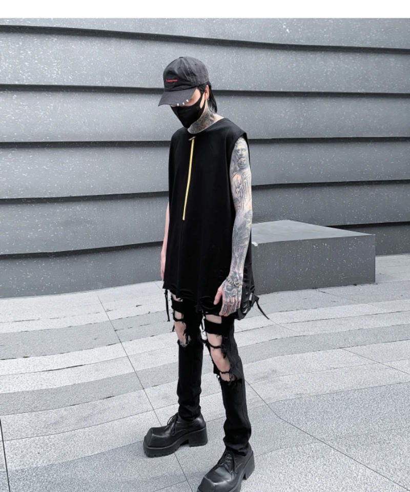 Description Picture 6 of itemHKSH Summer New Loose Fit Men's Dark Sleeveless T-shirt Personalized Trendy Casual Vest Punk Cotton Tide Chic Tank Tops HK0146