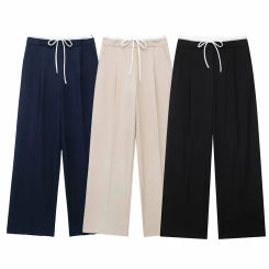 TRAFZA 2024 Women's Casual Loose Trousers Waist Patchwork Wide Leg Pants High Waist Splice Design Trousers Spring Chic Pants