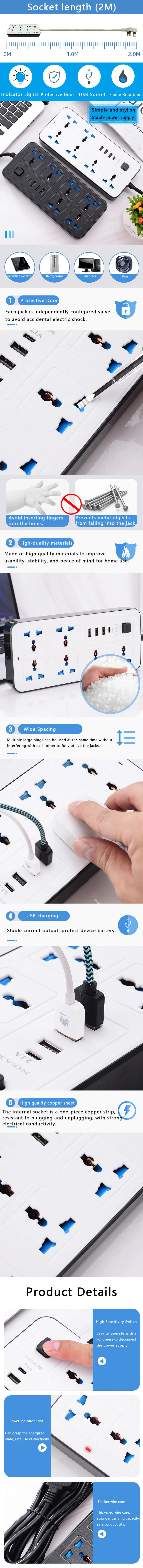 Description Picture 2 of itemPower Tap EU US UK Universal Plug Outlet Power Strip with 1.8m Extension Cord AC Type C USB Port Charge Electrical Socket