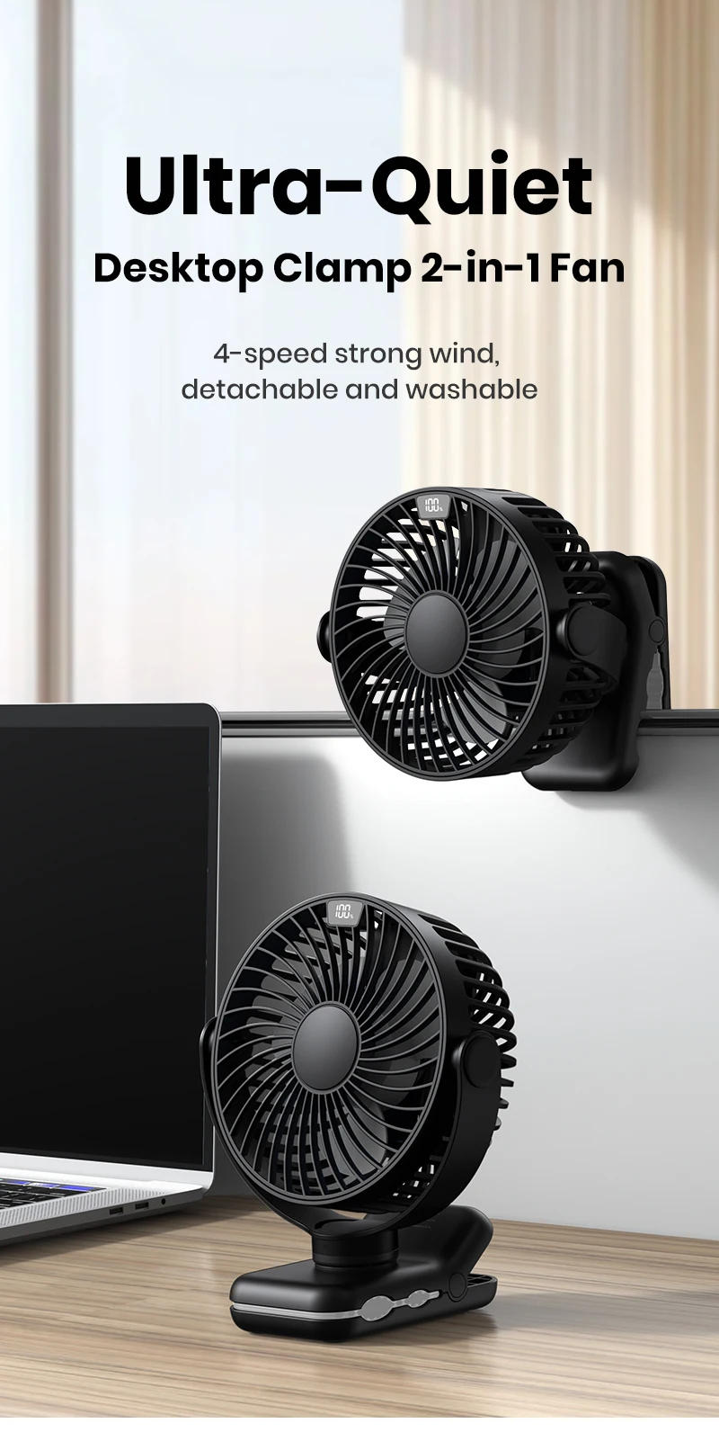 Description Picture 2 of itemTOPK 5000mAh Rechargeable Portable Fan Electric Mini fan,Clip on Fan,USB Desk Fan,4 Speeds Quiet Personal Fan fans for Room Home