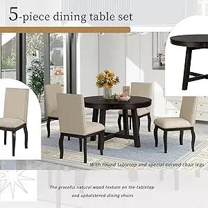 Description Picture 6 of itemDesigns Kitchen Dining Table Set for 4, Wood Round Extendable Table and 4 ChairsTable Set
