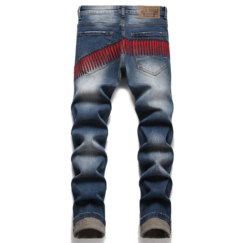 Description Picture 4 of itemRetro Tattered Jeans Jeans Men's Personalized Embroidery Fashion Street Fashion Brand Slim Fit Feet Washed High-End Trousers