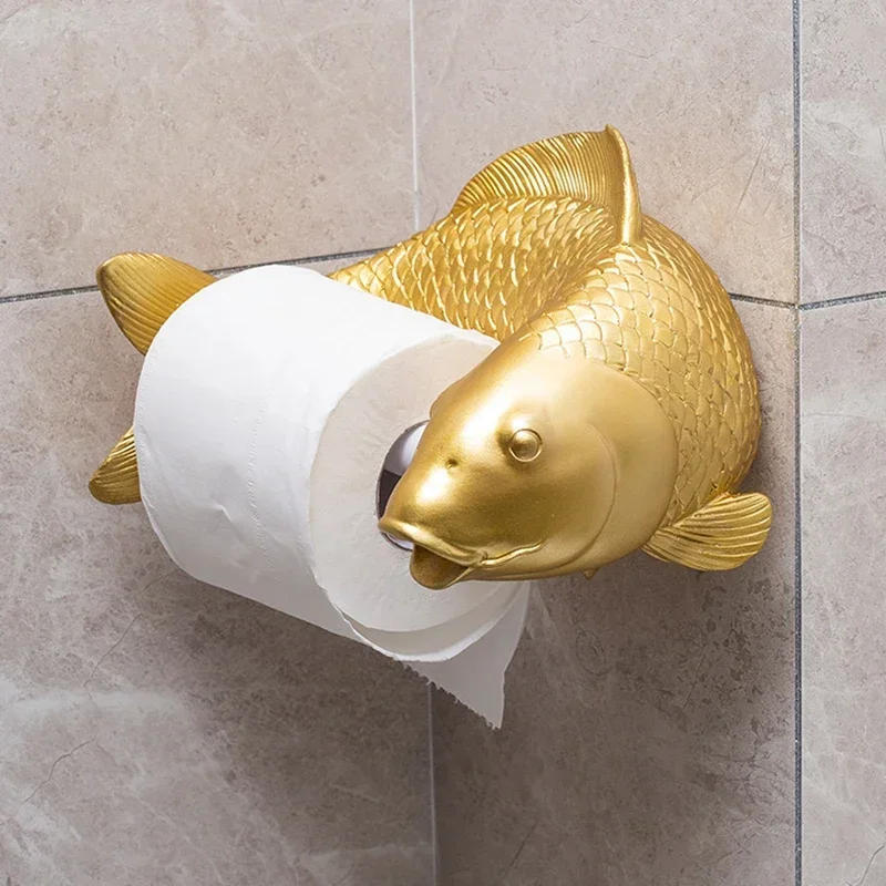 Description Picture 4 of itemKoi Statue Fish Craft Toilet Paper Holder Towel Rack Wall Hanging Bathroom Household Toilet Paper Rack Free Punching Decoration