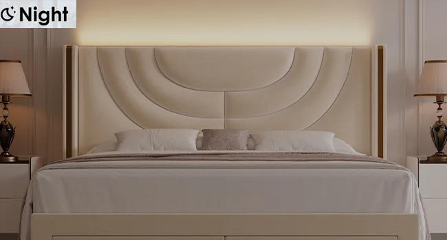 Description Picture 5 of itemLarge Padded LED Bedstead with 2 Storage Drawers, Velvet Platform Bed, Headboard with Wing Back, Solid Wood Flat Noodles Support