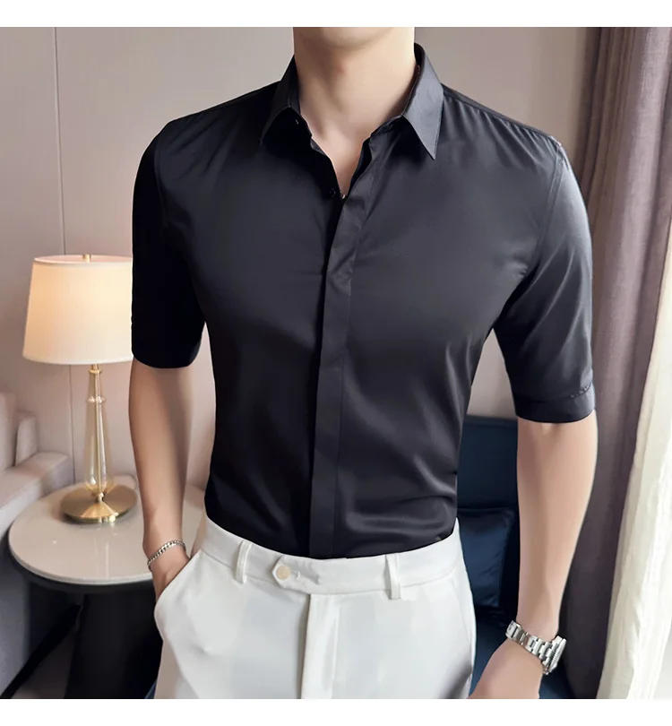 Description Picture 6 of itemHigh Quality Solid Shirts for Men Clothing Korean Slim Fit Men Casual Shirts Half Sleeve Streetwear/Night Club/Prom Tuxedo 4XL
