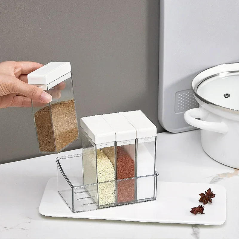 Description Picture 5 of item4PCS/Set Combination Pepper Salt Shakers Seasoning Spice Jar Container Kitchen Spices Storage Box with Tray