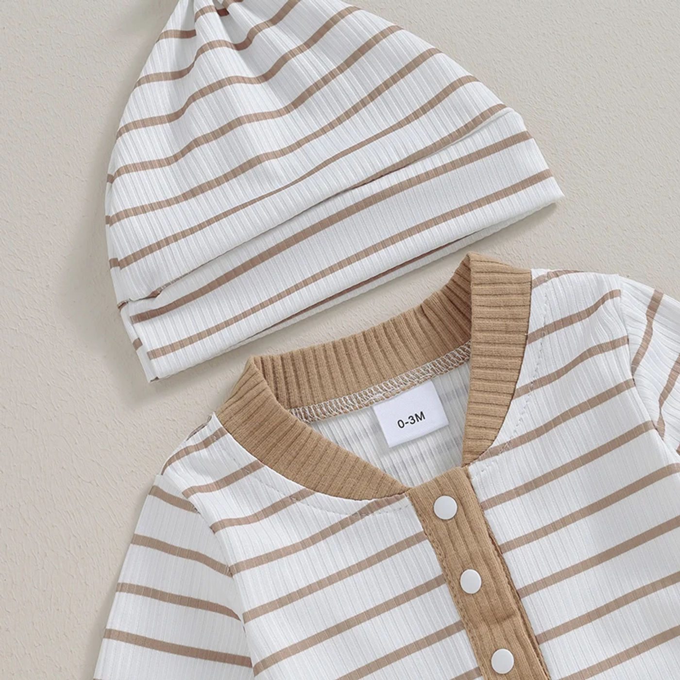 Description Picture 5 of itemInfant Baby Autumn Jumpsuit Outfits Stripe Print Front Button Long Sleeve Romper with Hat