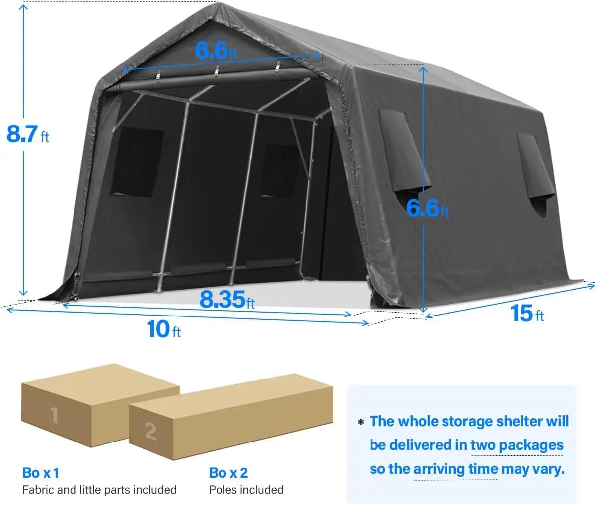 Description Picture 3 of item10X15 ft Garage Shelter Steel Metal Peak Roof Anti-Snow Portable Storage Shed Carport with 2 Roll up Doors & Vents