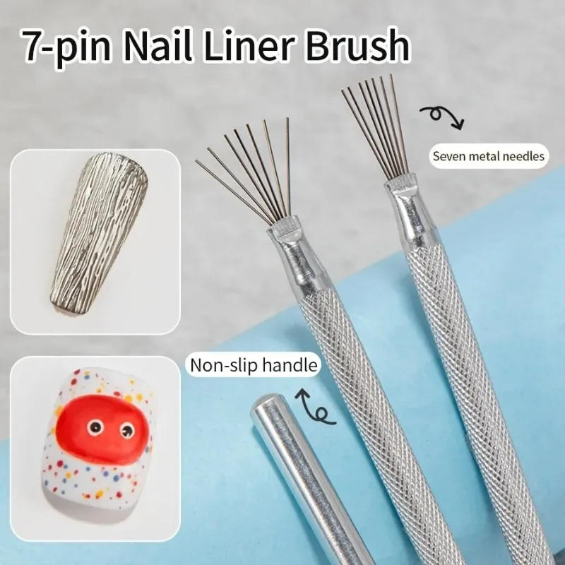 Description Picture 5 of item3/1pcs 7 Pin Stripe Steel Nail Art Liner Brushes Ultra-thin Line Drawing Pen Multi Head UV Gel Brush Nail 3D Tips Painting Tools