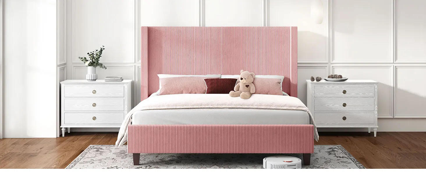 Description Picture 5 of itemUpholstered Platform Bed Frame, Wingback Bed with Headboard, Corduroy/Solid Wood Leg/No Box Spring Needed/Noise Free